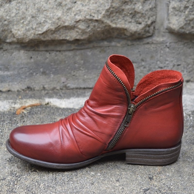 Women's Faux Ankle Boots with Side Zipper and Ruched Vamp