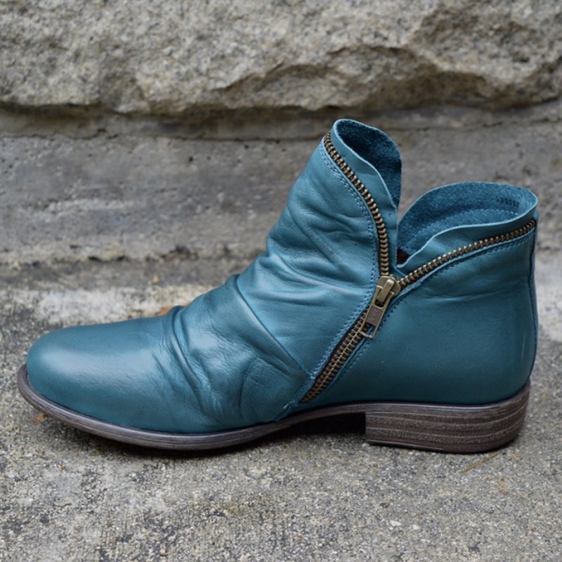 Women's Faux Ankle Boots with Side Zipper and Ruched Vamp