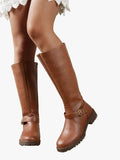 Women's Faux Knee-High Boots with Side Zipper and Buckle