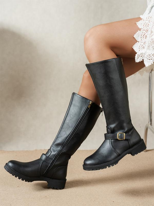 Women's Faux Knee-High Boots with Side Zipper and Buckle