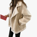 Women's Faux Shearling Coat with Turn-Down Collar and Zip Pockets