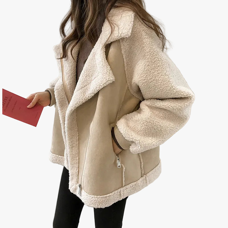 Women's Faux Shearling Coat with Turn-Down Collar and Zip Pockets