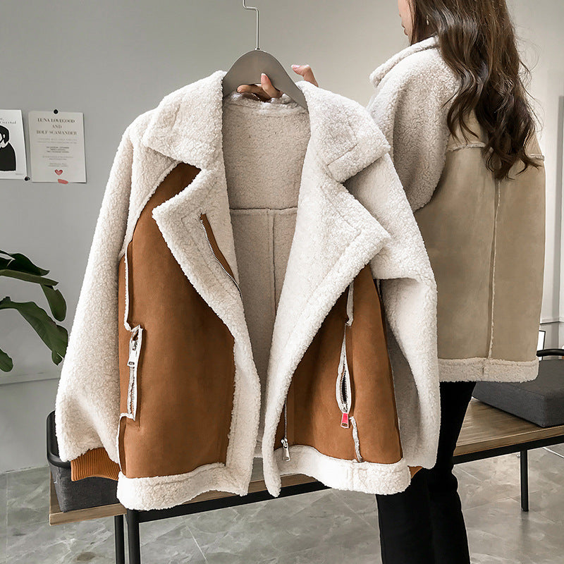 Women's Faux Shearling Coat with Turn-Down Collar and Zip Pockets