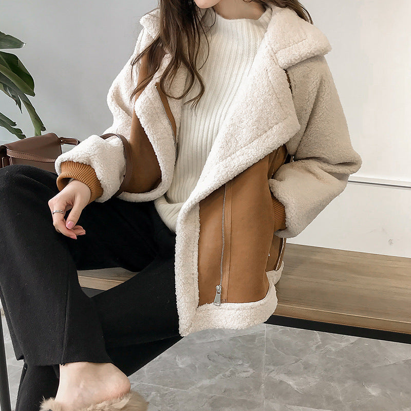 Women's Faux Shearling Coat with Turn-Down Collar and Zip Pockets