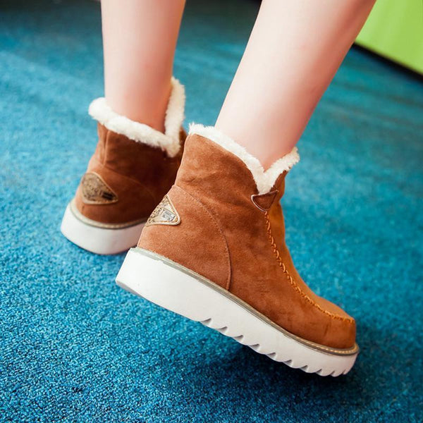 Women's Faux Suede Ankle Boots with Faux Fur Collar and Wedge Sole