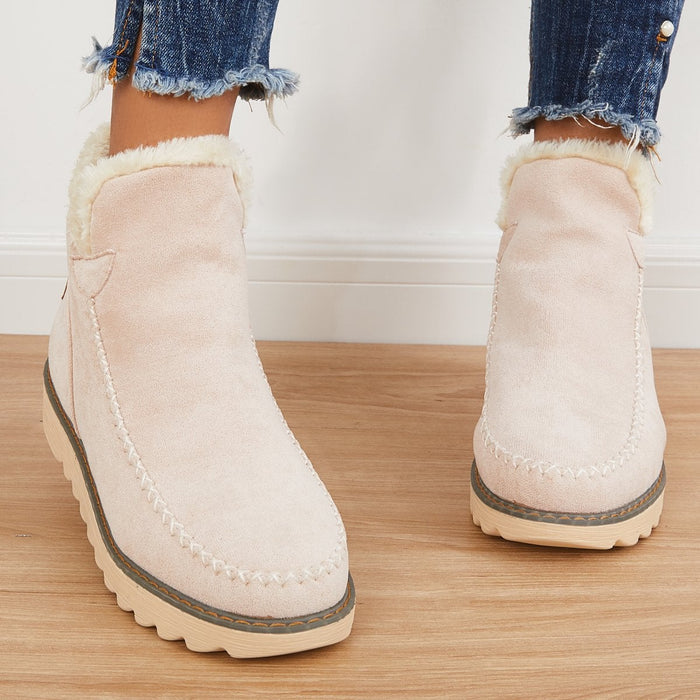 Women's Faux Suede Ankle Boots with Faux Fur Collar and Wedge Sole