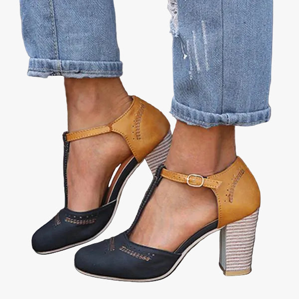 Women's Faux Suede Heels with T Strap and Block Heel