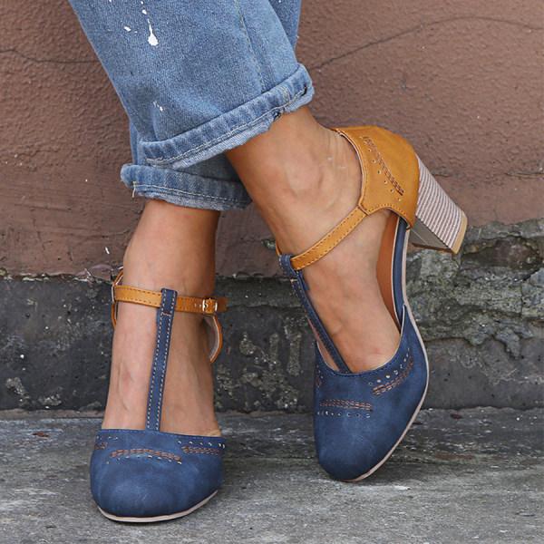 Women's Faux Suede Heels with T Strap and Block Heel