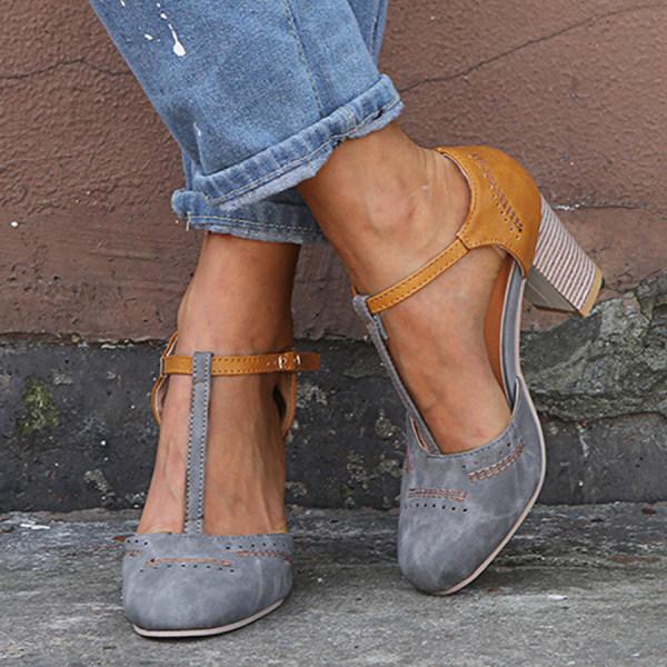 Women's Faux Suede Heels with T Strap and Block Heel