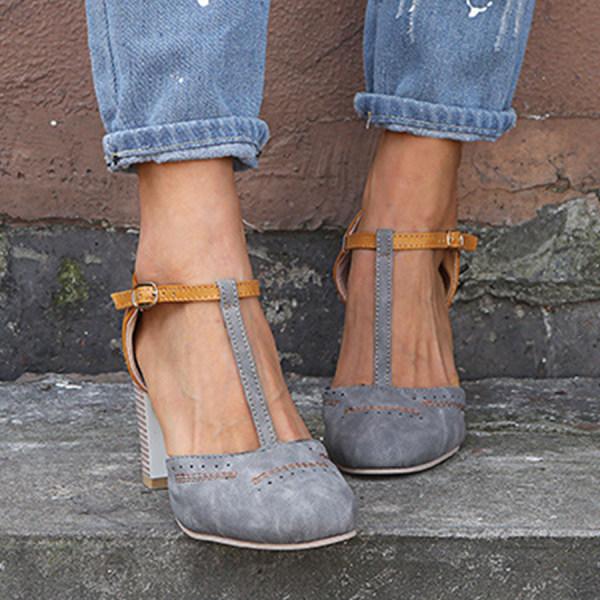Women's Faux Suede Heels with T Strap and Block Heel