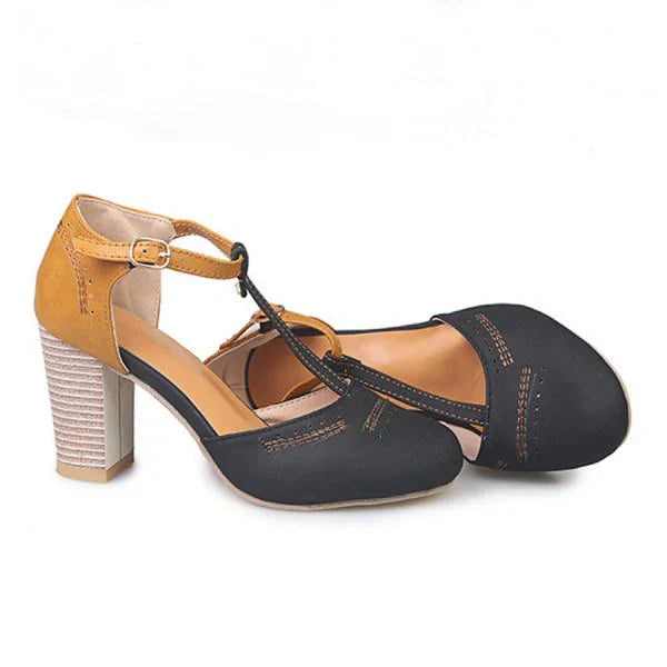 Women's Faux Suede Heels with T Strap and Block Heel