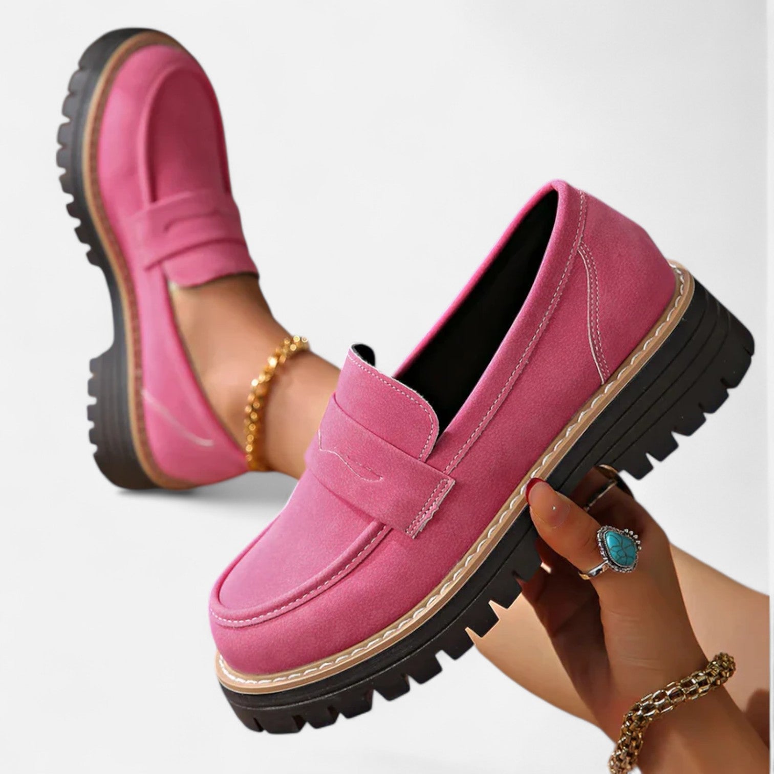Women's Faux Suede Loafers with Moc Toe and Lug Sole