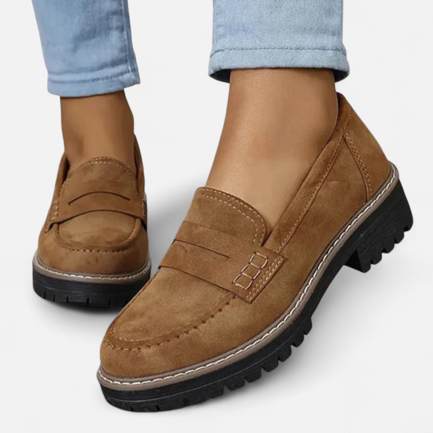 Women's Faux Suede Loafers with Moc Toe and Lug Sole