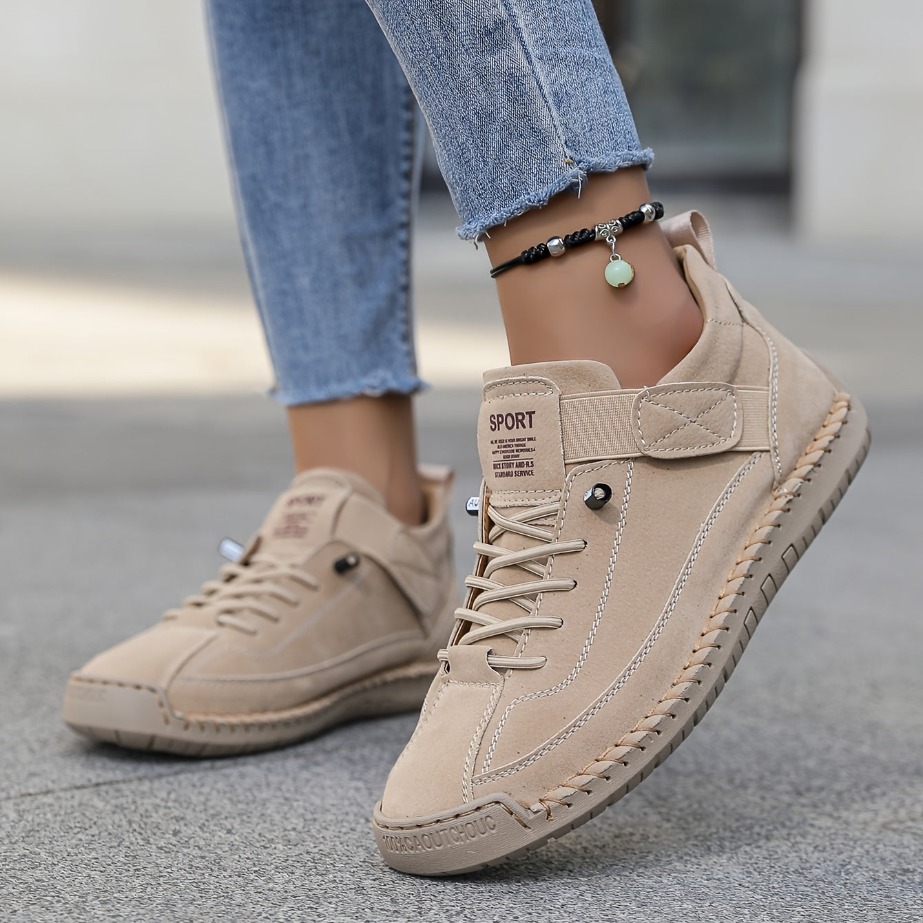 Women's Faux Suede Sneakers with Hook-and-Loop Strap and Stitching