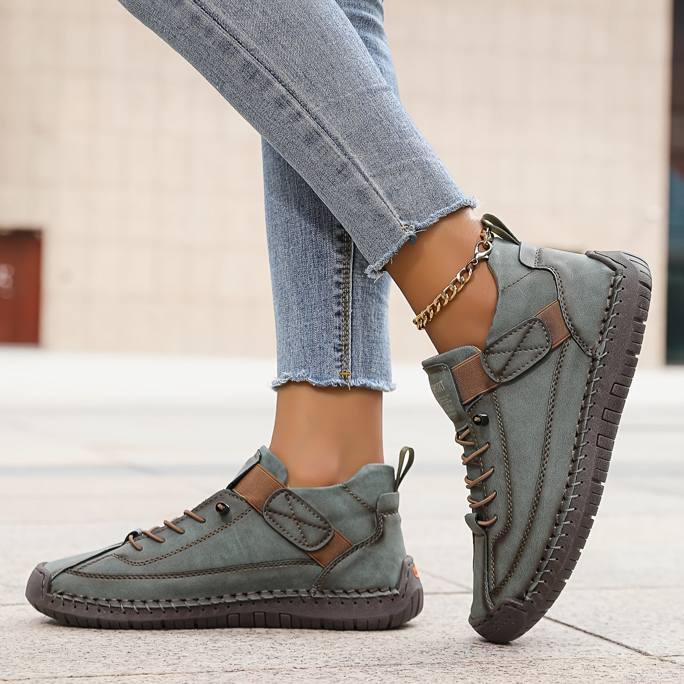 Women's Faux Suede Sneakers with Hook-and-Loop Strap and Stitching
