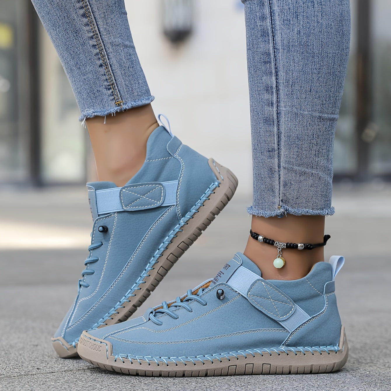 Women's Faux Suede Sneakers with Hook-and-Loop Strap and Stitching