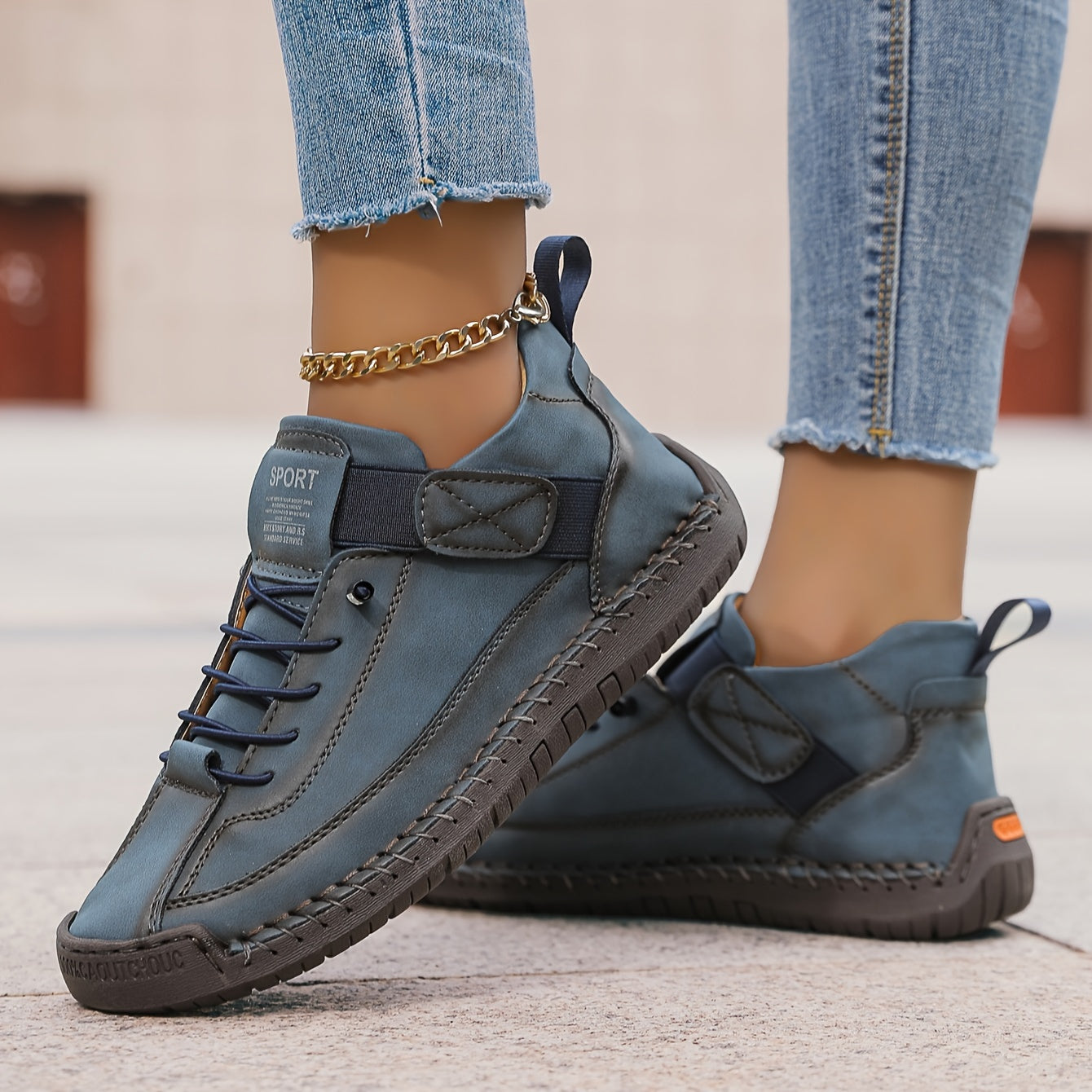 Women's Faux Suede Sneakers with Hook-and-Loop Strap and Stitching