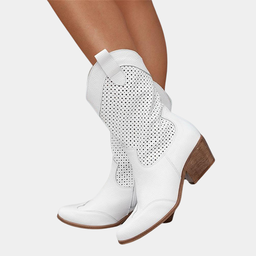 Women's Faux Suede Western Boots with Perforated Shaft and Side Zipper