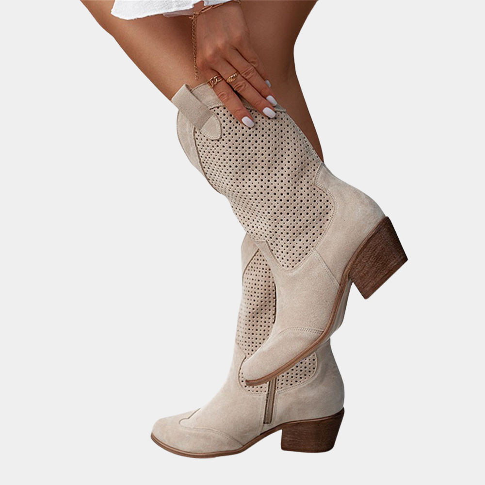 Women's Faux Suede Western Boots with Perforated Shaft and Side Zipper