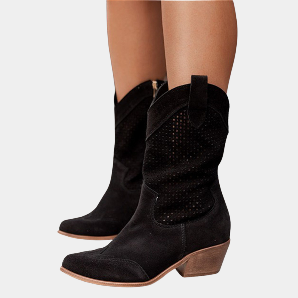 Women's Faux Suede Western Boots with Perforated Shaft and Side Zipper