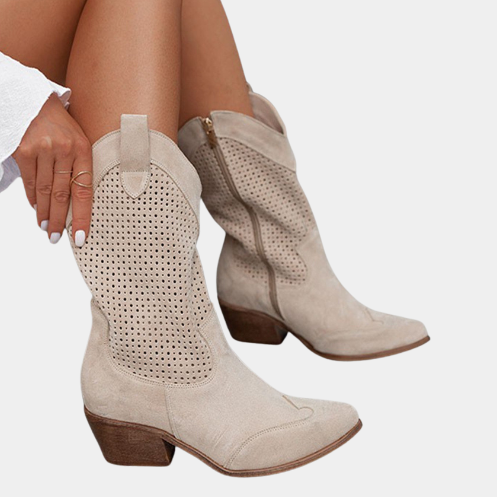 Women's Faux Suede Western Boots with Perforated Shaft and Side Zipper