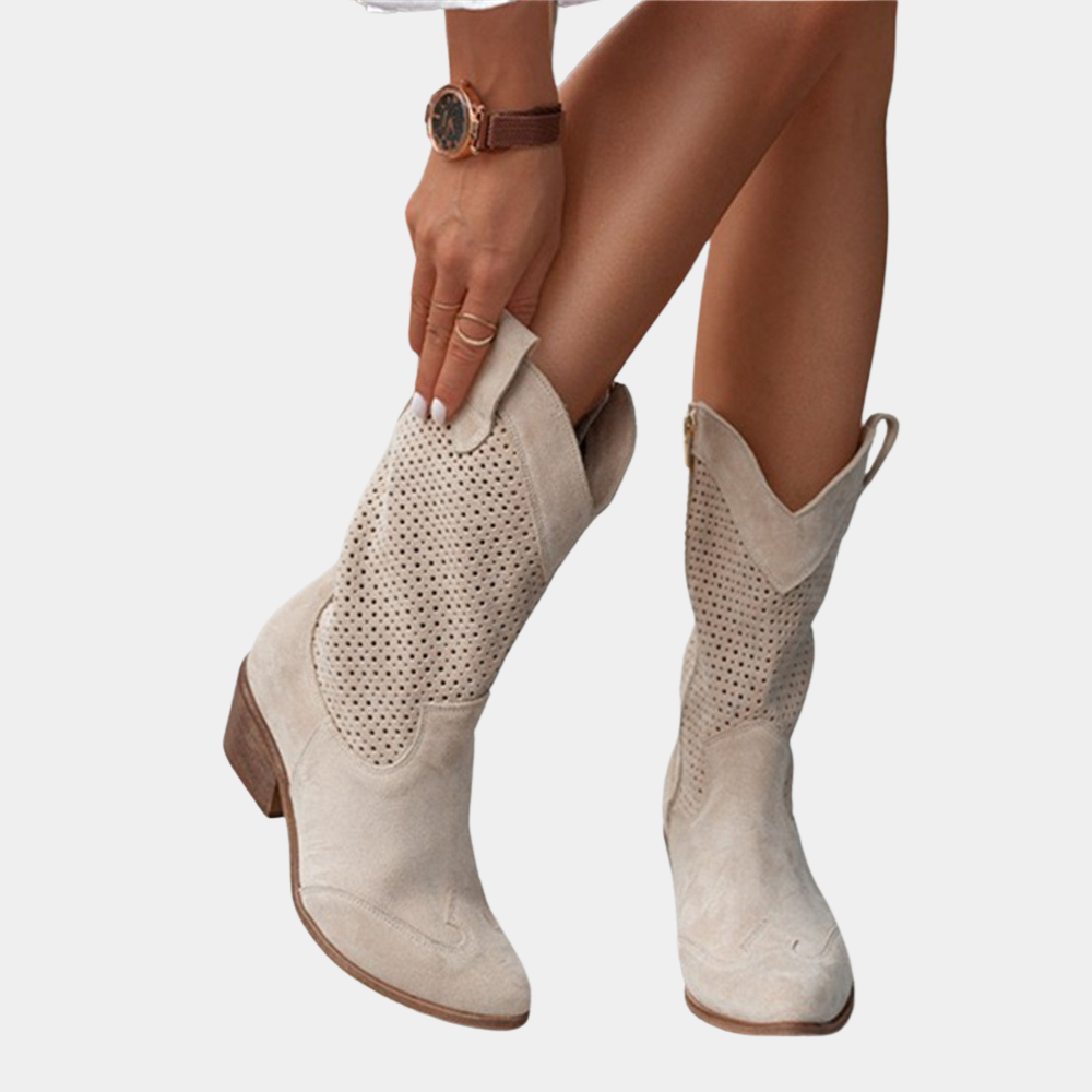 Women's Faux Suede Western Boots with Perforated Shaft and Side Zipper