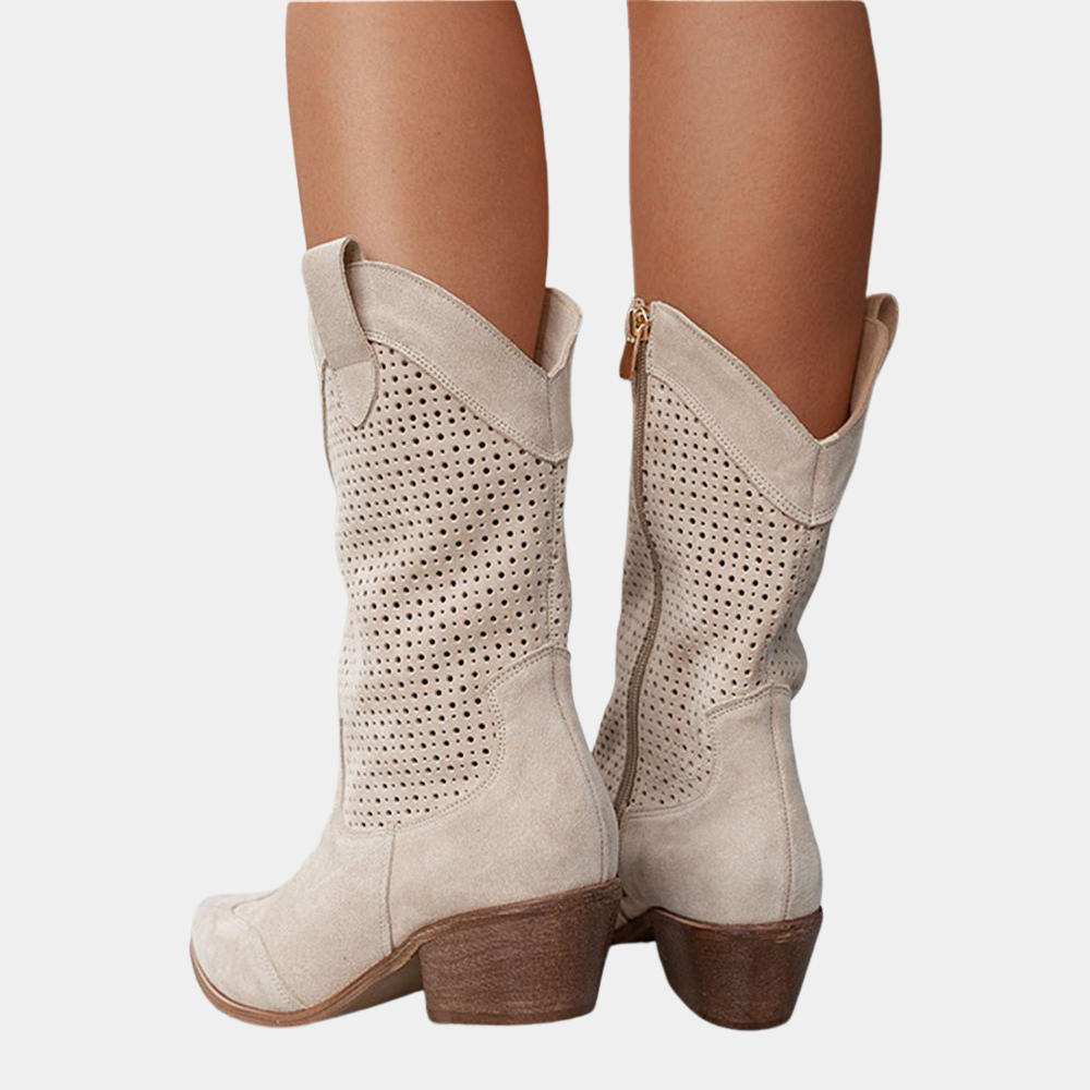 Women's Faux Suede Western Boots with Perforated Shaft and Side Zipper