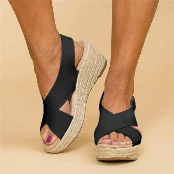 Women's Faux Upper Sandals with Crisscross Straps and Wedge Sole