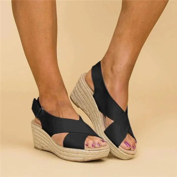 Women's Faux Upper Sandals with Crisscross Straps and Wedge Sole