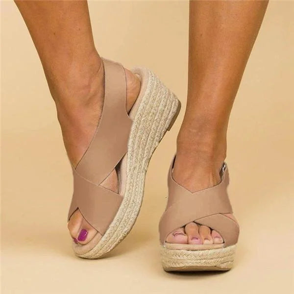Women's Faux Upper Sandals with Crisscross Straps and Wedge Sole