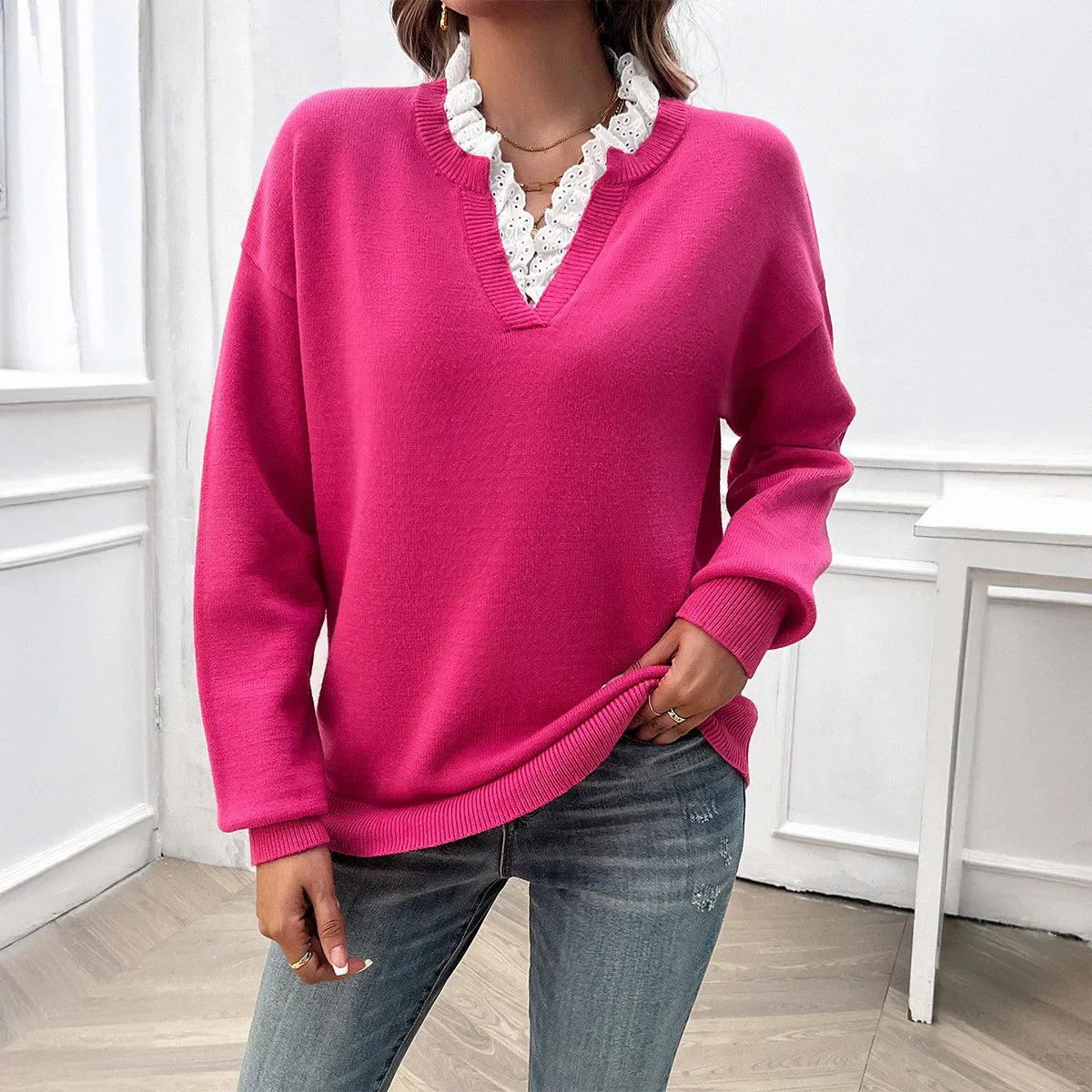 Women's Fine-Knit Sweater with V-Neck and Lace Ruffle