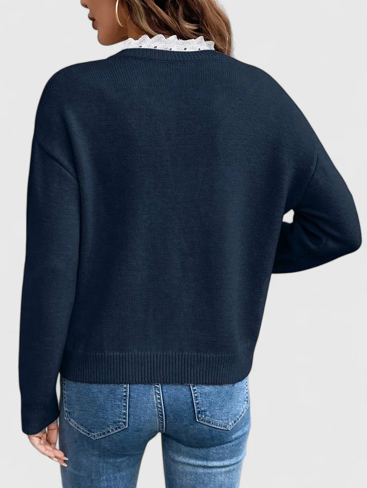 Women's Fine-Knit Sweater with V-Neck and Lace Ruffle