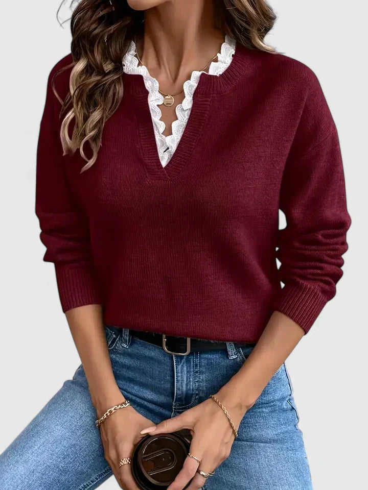 Women's Fine-Knit Sweater with V-Neck and Lace Ruffle