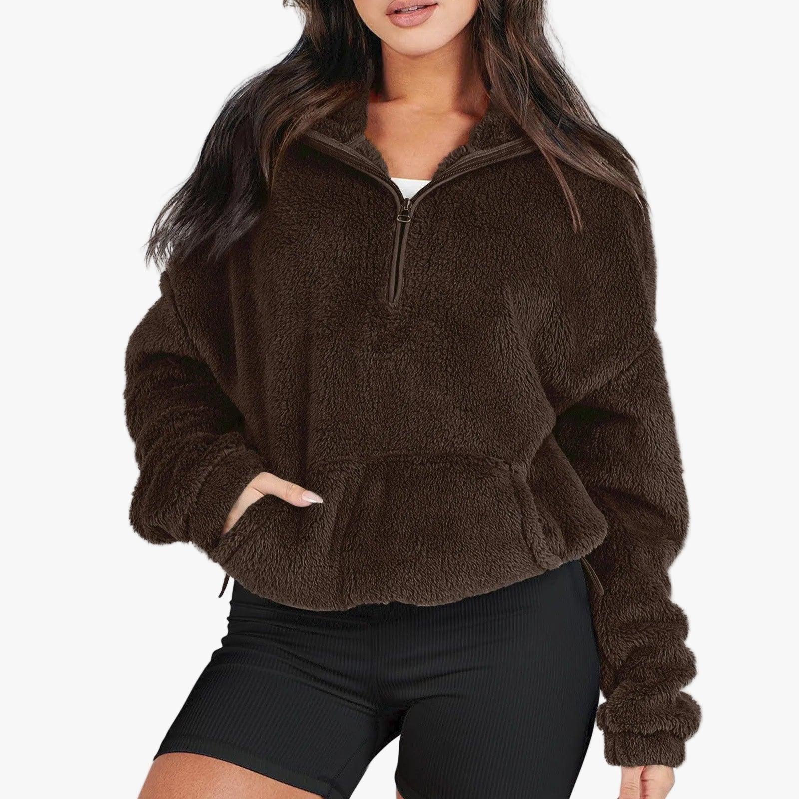 Women's Fleece Pullover Sweater with Half-Zip and Kangaroo Pocket