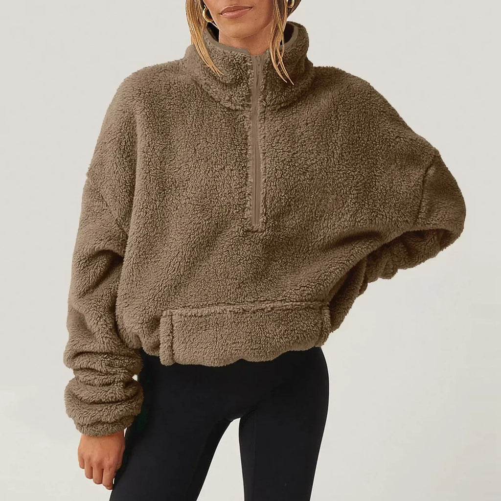 Women's Fleece Pullover Sweater with Half-Zip and Kangaroo Pocket