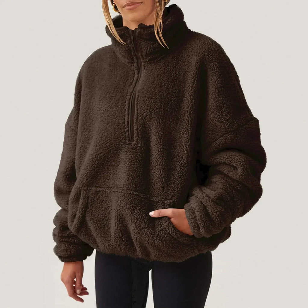 Women's Fleece Pullover Sweater with Half-Zip and Kangaroo Pocket