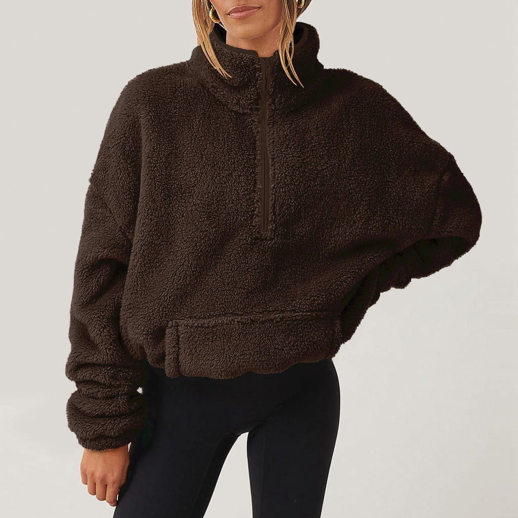 Women's Fleece Pullover Sweater with Half-Zip and Kangaroo Pocket