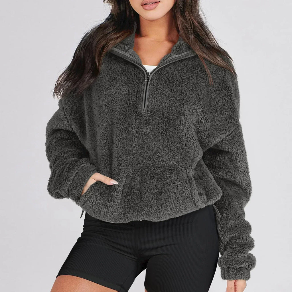 Women's Fleece Pullover Sweater with Half-Zip and Kangaroo Pocket