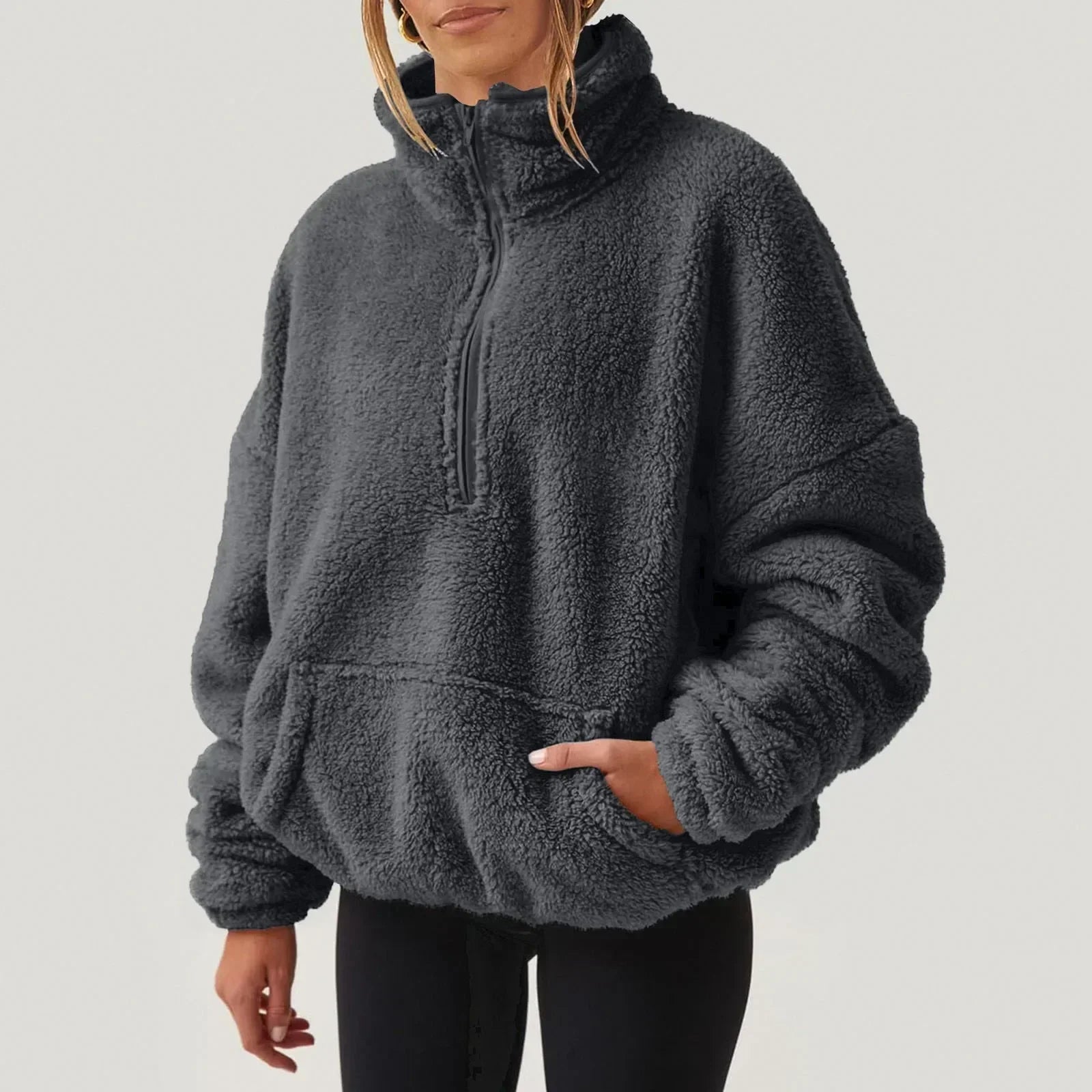 Women's Fleece Pullover Sweater with Half-Zip and Kangaroo Pocket