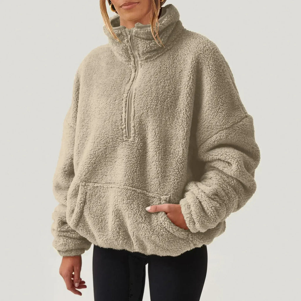 Women's Fleece Pullover Sweater with Half-Zip and Kangaroo Pocket