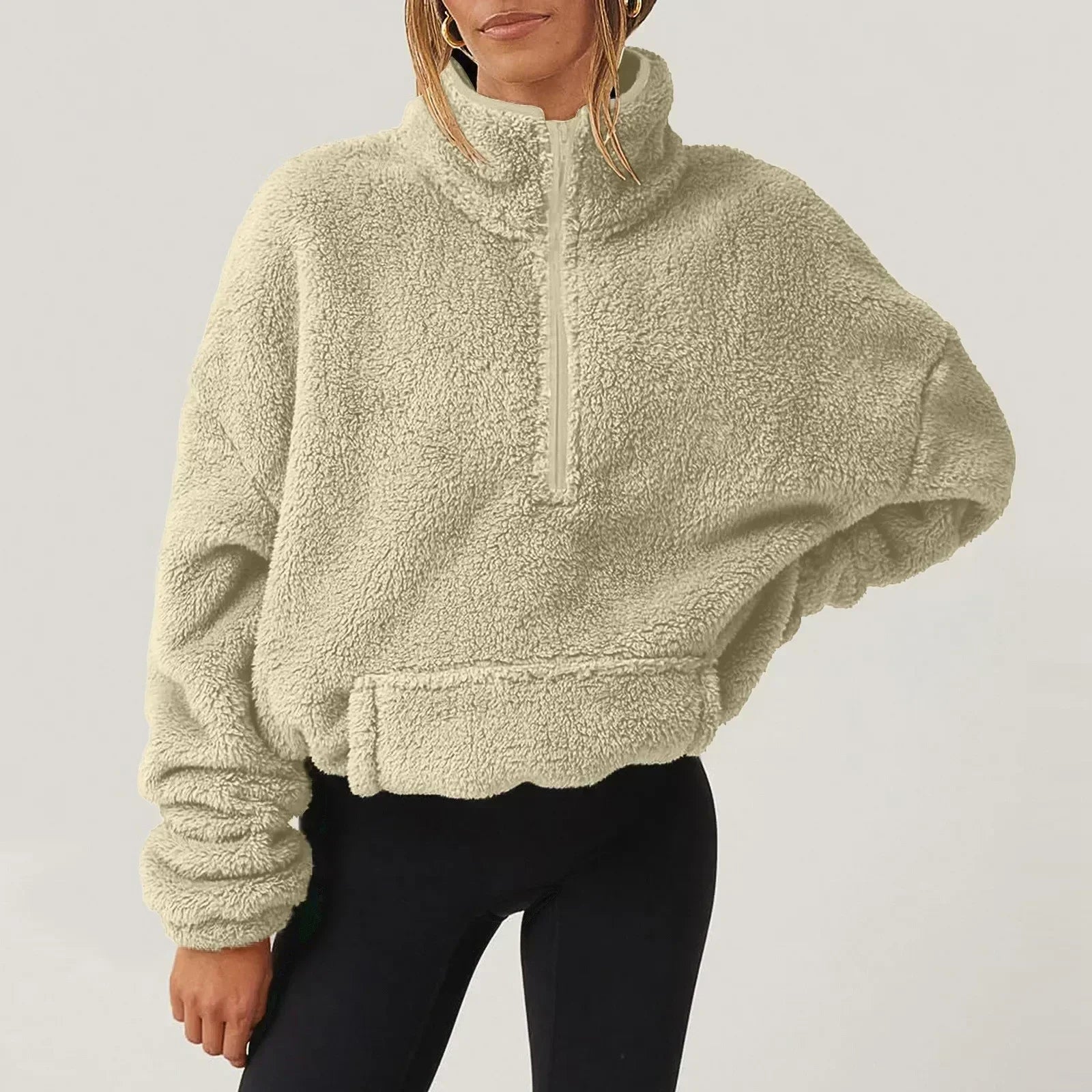 Women's Fleece Pullover Sweater with Half-Zip and Kangaroo Pocket
