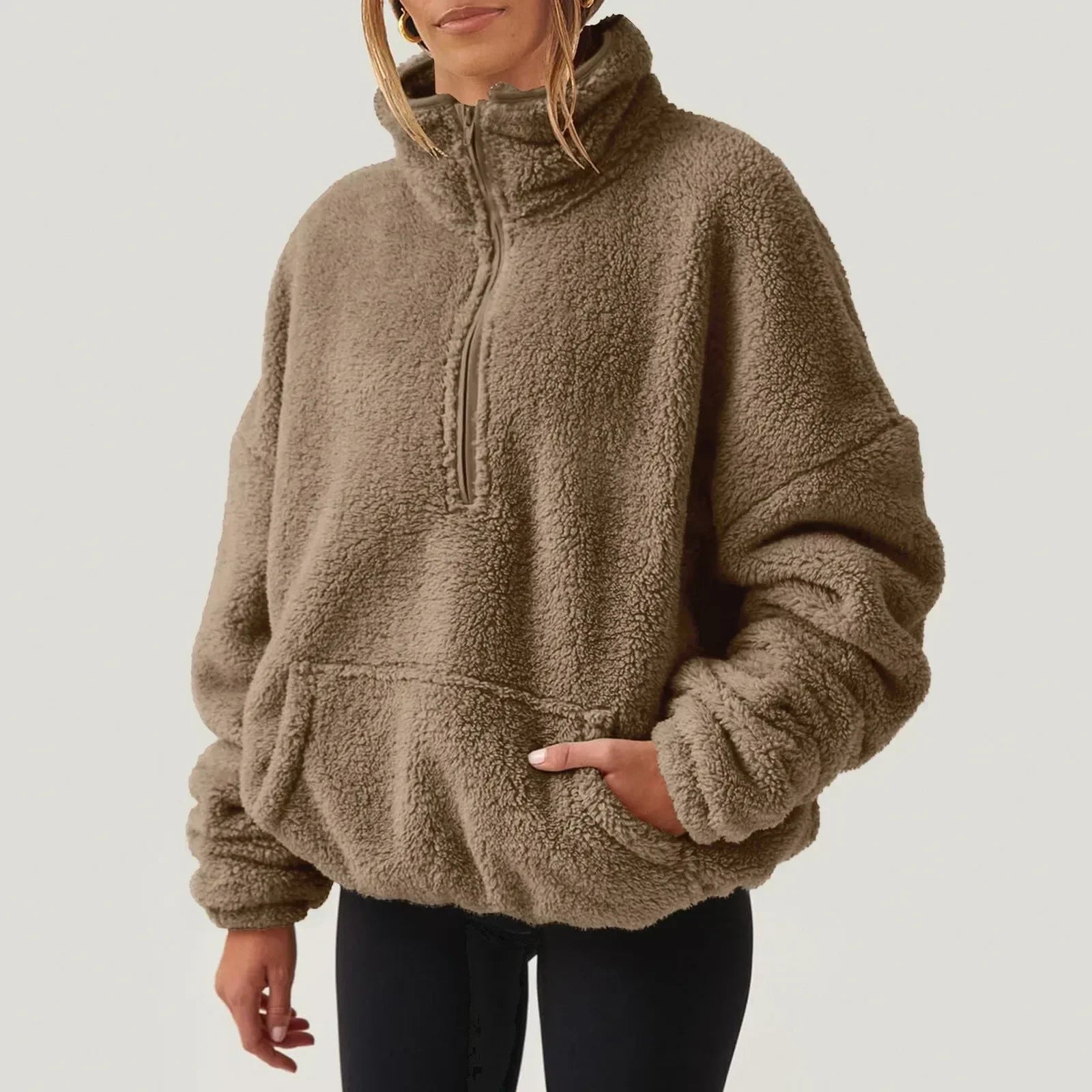 Women's Fleece Pullover Sweater with Half-Zip and Kangaroo Pocket