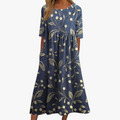 Women’s Floral Print Midi Dress with Scoop Neck and Empire Seam