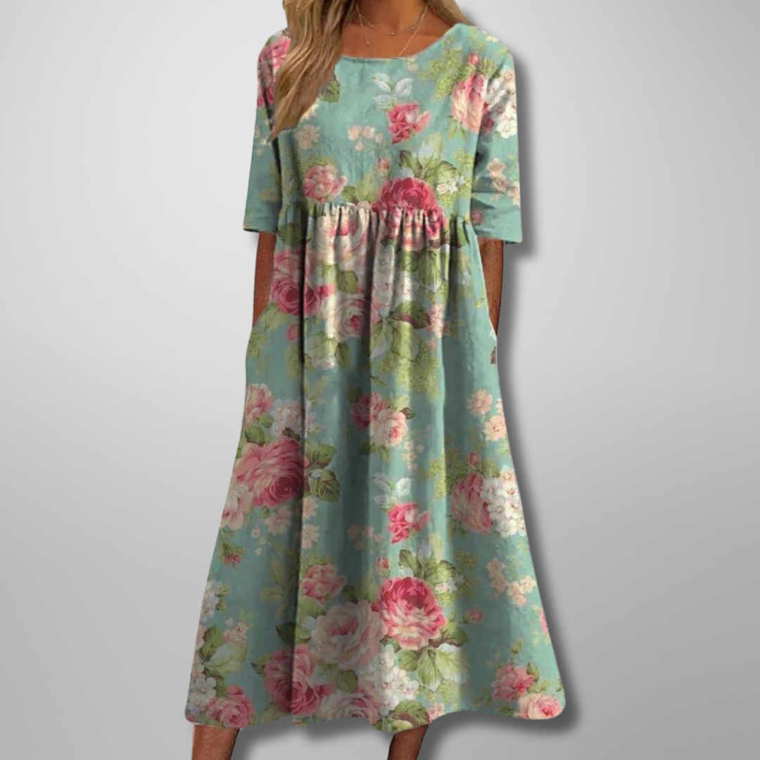 Women’s Floral Print Midi Dress with Scoop Neck and Empire Seam