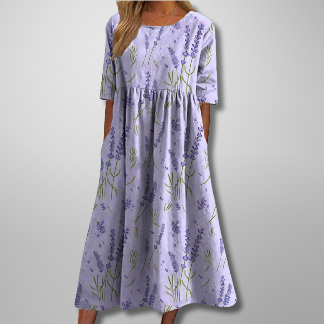 Women’s Floral Print Midi Dress with Scoop Neck and Empire Seam
