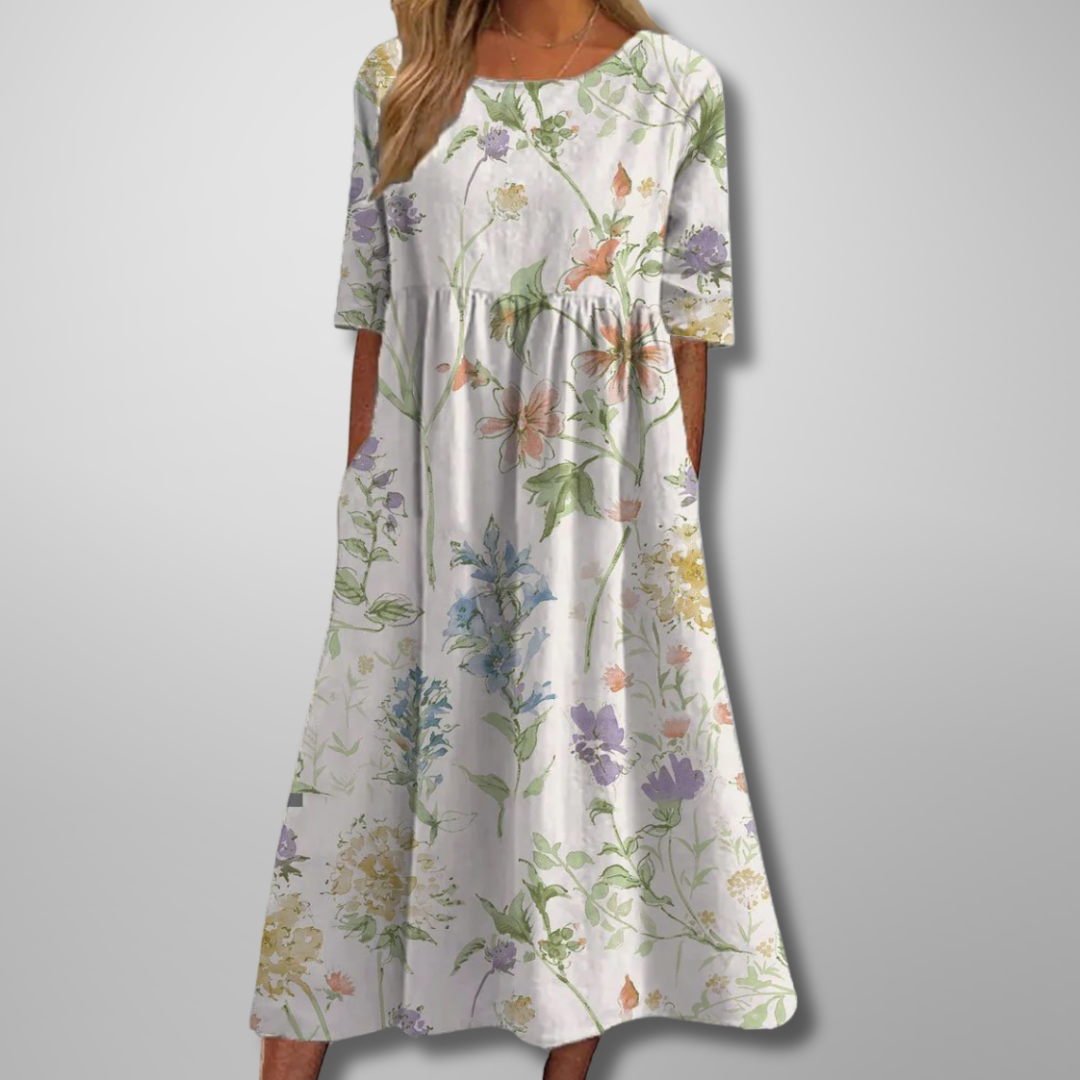 Women’s Floral Print Midi Dress with Scoop Neck and Empire Seam