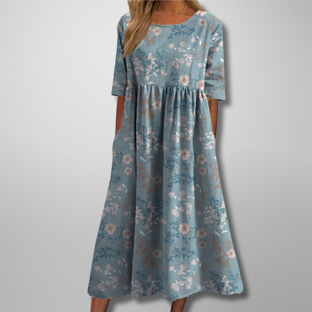 Women’s Floral Print Midi Dress with Scoop Neck and Empire Seam