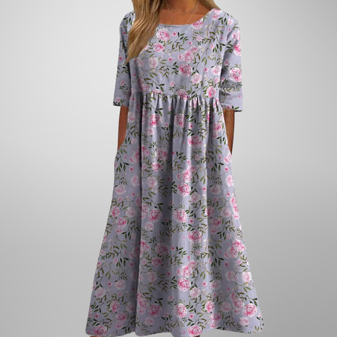 Women’s Floral Print Midi Dress with Scoop Neck and Empire Seam
