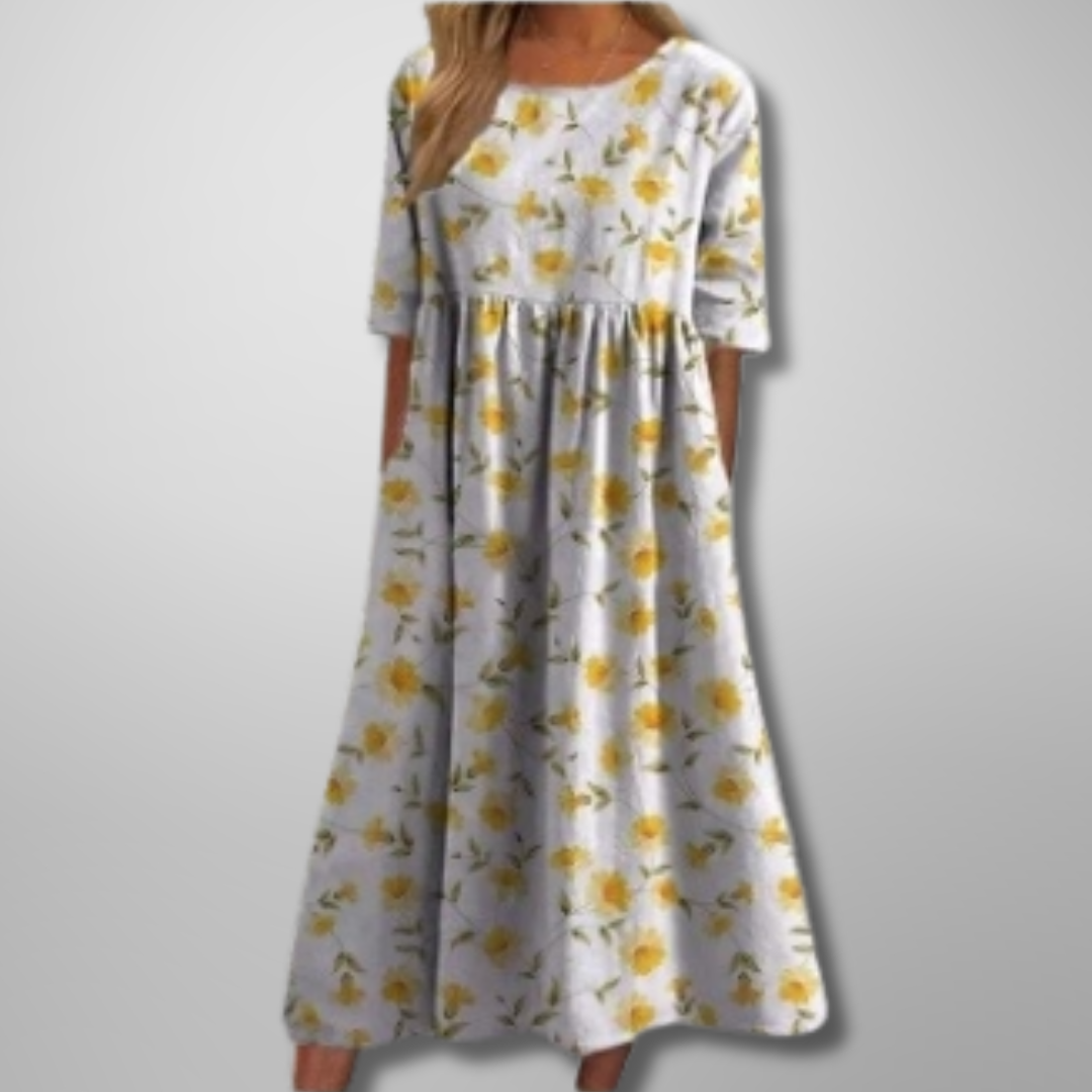 Women’s Floral Print Midi Dress with Scoop Neck and Empire Seam