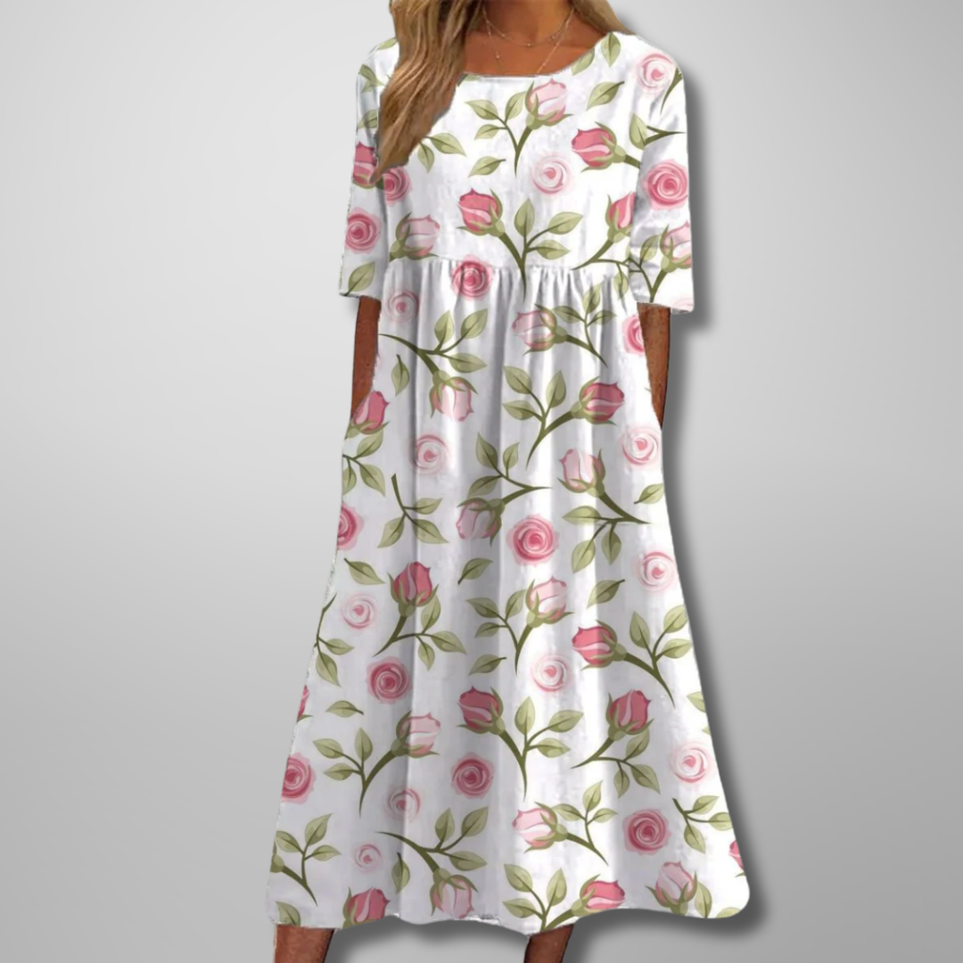 Women’s Floral Print Midi Dress with Scoop Neck and Empire Seam